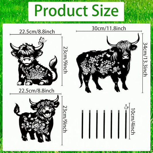 Rngmsi Highland Cow Garden Stakes Decorations 3PCS Cow Metal Silhouette Statues Garden Decor for Lawn Ornaments and Yard Art Supplies, Cow Gifts for Women Men Highland Cow Lovers