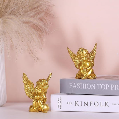 orenm 2 Pack Resin Cherubs Gold Angel Statue Figurine, Garden Sleeping Cherub Statue Sculpture Indoor Outdoor Home Decoration, Cute Adorable Angle Sculpture Memorial Statue(4" Height) (Gold)