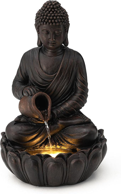 Glitzhome Buddha Statues 21" H, Zen Style Outdoor Buddha Fountian with LED Light & Pump, Outdoor Floor Freestanding Fountain Meditative Garden Buddha Sculptures & Statues for Garden Porch Lawn Decor