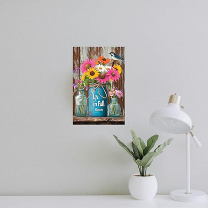Flowers-Sign Metal-Poster Wall-Art Bird-Décor, Life in Full Bloom, Yard Garage Farm Outside Garden Plaque Outdoor for Home Fence 8 X 12 Inch