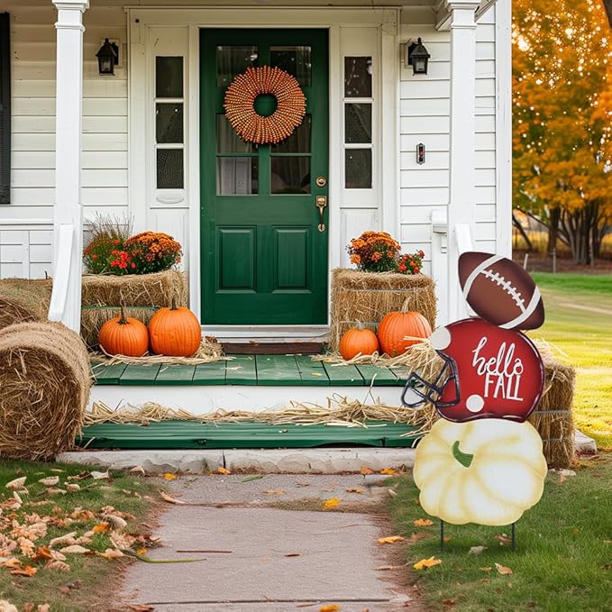hogardeck Fall Decorations for Home Outdoor, 32" Decorative Garden Stakes with 3 Stacked Pumpkin Football Helmet for Fall Decor, Metal Yard Signs for Garden Home Lawn Patio Thanksgiving Decorations