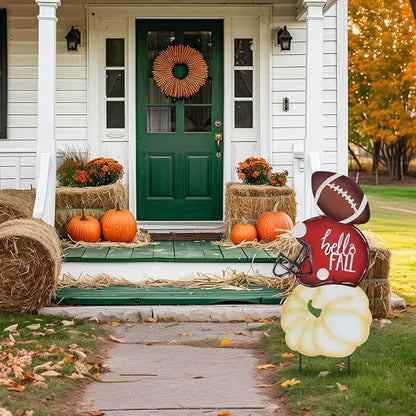 hogardeck Fall Decorations for Home Outdoor, 32" Decorative Garden Stakes with 3 Stacked Pumpkin Football Helmet for Fall Decor, Metal Yard Signs for Garden Home Lawn Patio Thanksgiving Decorations