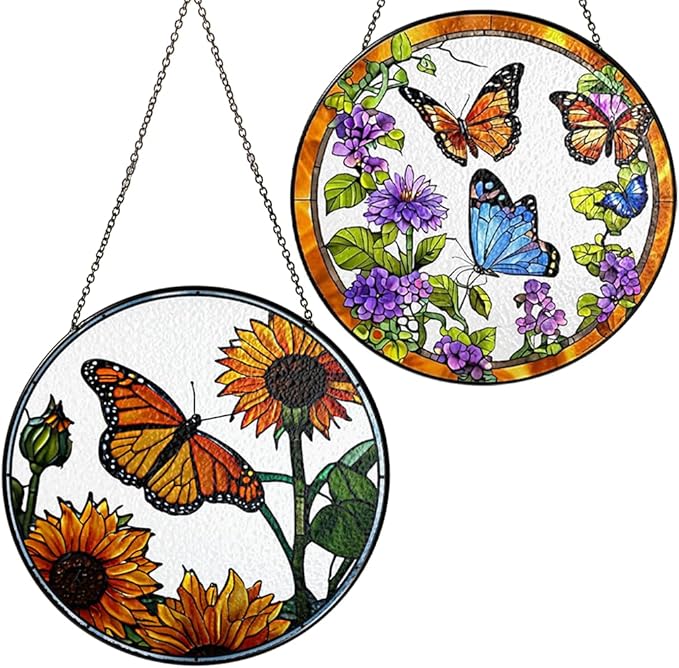2 Stained Glass 7.8" Butterfly Sunflowers Stained Glass Suncatcher, Butterflies and Flowers Glass Art Window Hanging, Indoor Window Gift for Nature Floral Lovers Women Mom Friend, Painted Panel Décor