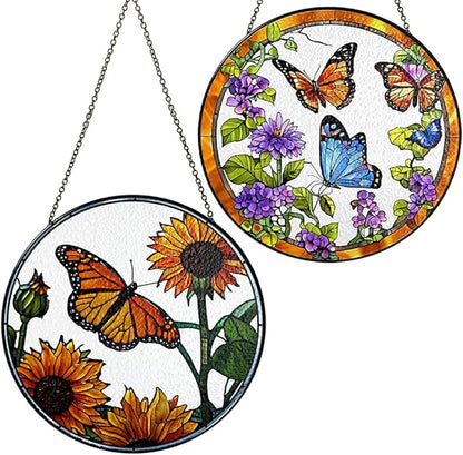 2 Stained Glass 7.8" Butterfly Sunflowers Stained Glass Suncatcher, Butterflies and Flowers Glass Art Window Hanging, Indoor Window Gift for Nature Floral Lovers Women Mom Friend, Painted Panel Décor
