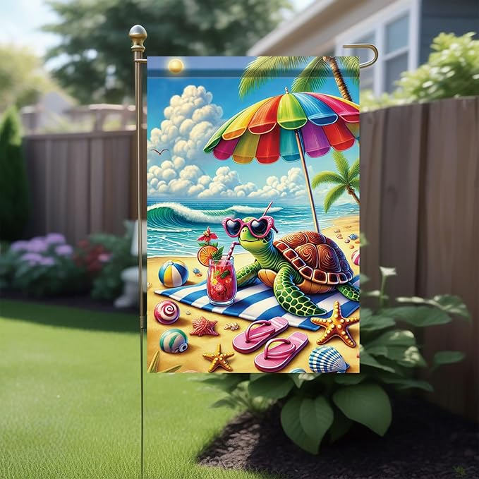 Summer Garden Flag 12x18 Inch Cute Sea Turtle Beach Umbrella Sunglasses Tropical Ocean Design Outdoor Yard Porch Lawn Patio for Seasonal Coastal Home Decor