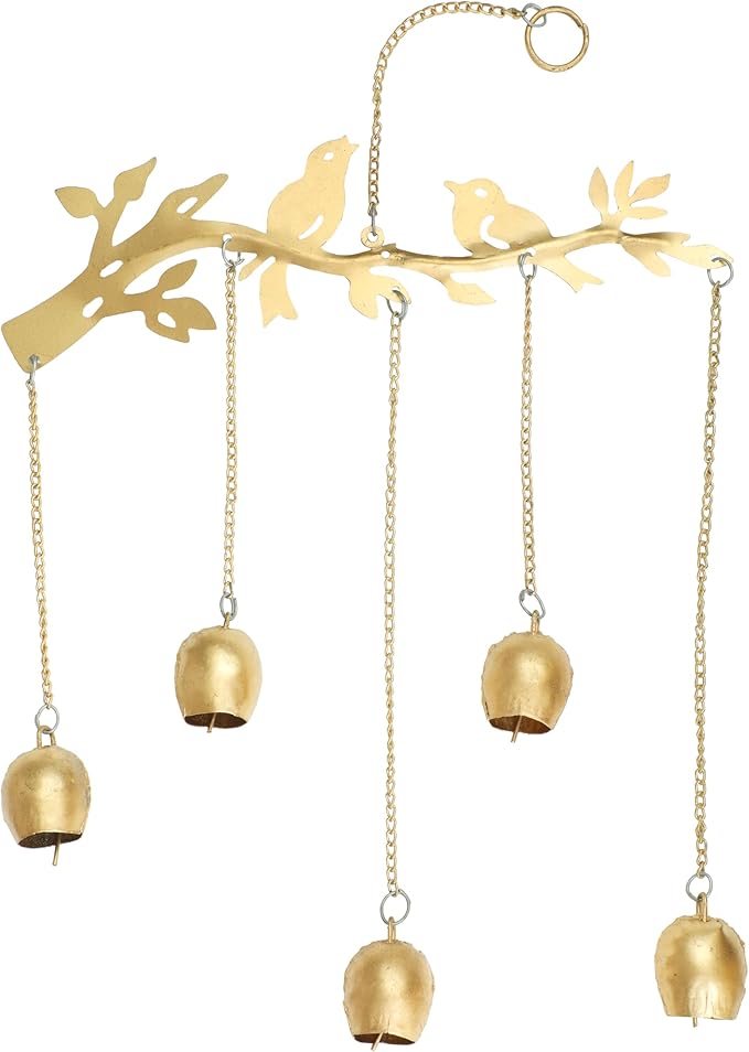 Decorative Door Hanging Metal Bird and Tree with Cow Bell Wall Wind Chime for Home Office Garden Indian Festival Traditional Decorations Return New Year Gifts Ideas(Size:- 21 Inches)(Golden)