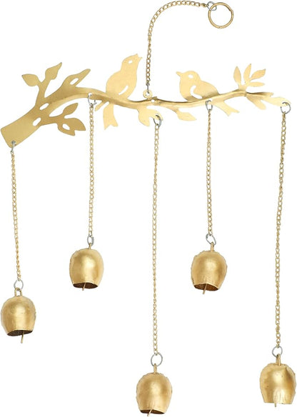 Decorative Door Hanging Metal Bird and Tree with Cow Bell Wall Wind Chime for Home Office Garden Indian Festival Traditional Decorations Return New Year Gifts Ideas(Size:- 21 Inches)(Golden)