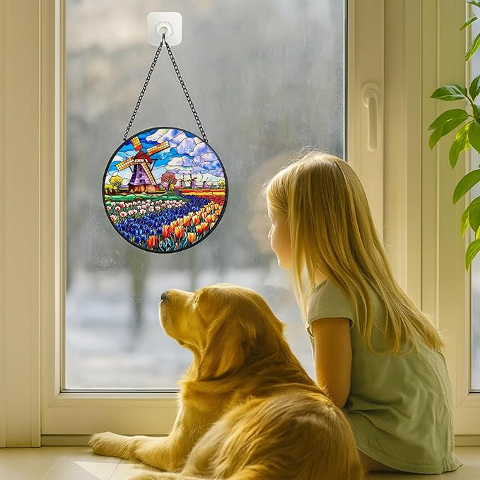 Stained Glass Window Hanging - 7.8in Windmill and Tulips Flowers Field Sun Catchers Indoor Stained Glass Panels Wall Decor for Mom，Wife，Lovers，Festive