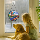 Stained Glass Window Hanging - 7.8in Windmill and Tulips Flowers Field Sun Catchers Indoor Stained Glass Panels Wall Decor for Mom，Wife，Lovers，Festive