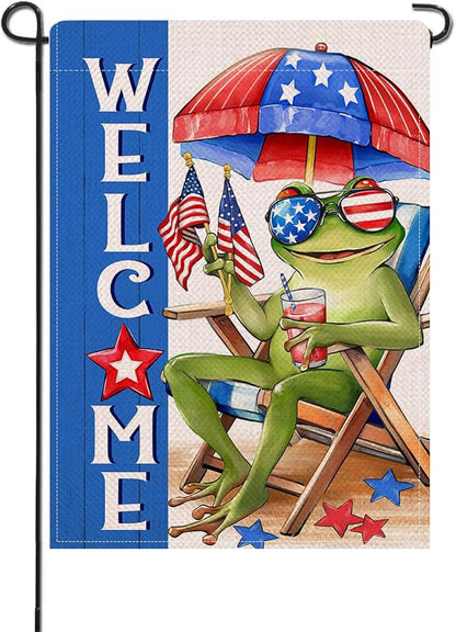 Artofy Welcome 4th of July Frog Small Decorative Garden Flag, Patriotic Beach Chair Sunshade America Yard Lawn Outside Decor, Coastal American USA Burlap Outdoor Home Decoration Double Sided 12 x 18