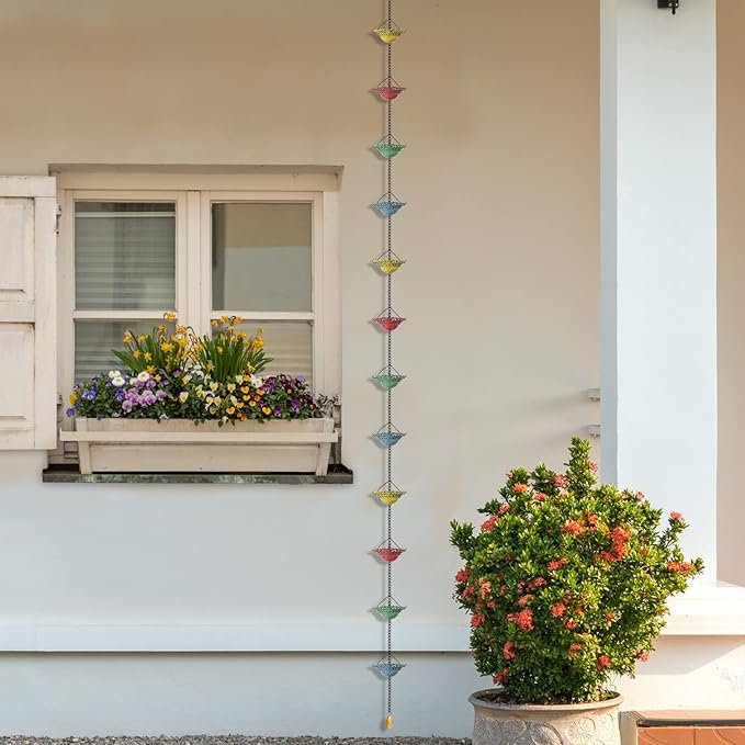 Tfro & Cile Rain Chain Gutter Downspout Colorful Catcher Outside Water Diverter Decorative Garden Rain Cups Chime Home Decor - 8 1/2 Ft Length