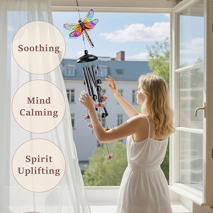 Dragonfly Wind Chimes for Outside, Black Metal Acrylic Windchimes Outdoors, Dragonflies Gifts for Women Men, Garden Yard Decor, Memorial/Birthday Gifts for Grandma Mom, Durable Chimes for Outdoors