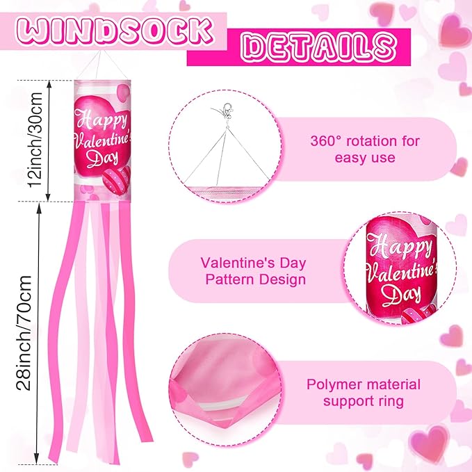 NOVWANG 2 Pieces 40 Inches Valentine's Day Windsock, Valentine Hearts Windsocks Outdoor Hanging Wind Sock for Wedding Anniversary Home Party Yard Garden Patio Decoration