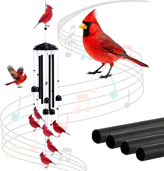 Cardinal Black Metal Wind Chimes for Outside, Memorial Garden Decor, Outdoor Windchimes, Decorative Cardinal Gifts for Women and Men (Cardinal)