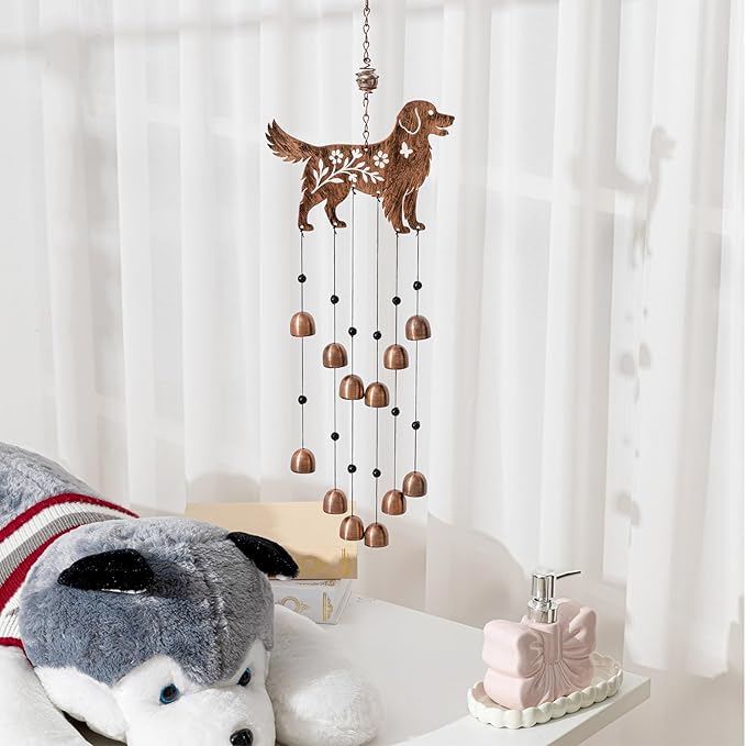 Cinnvoice 24 Inch Metal Wind Chimes Decor for Outside Garden Birthday Gift for Women Men Bronze Windchimes Pet Memorial Gift with 12 Bell for Patio Yard Lawn Housewarming Front Yard(Golden Retriever)