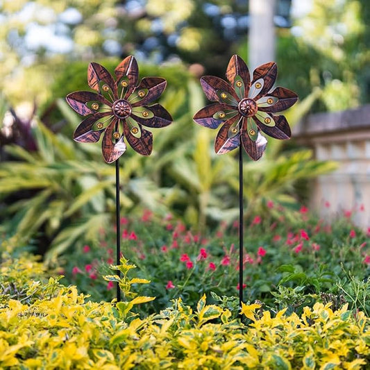 VEWOGARDEN 2 Pack Wind Spinners Outdoor, Metal Wind Spinner with Flower Design for Yard Garden Lawn Decorations, Antique Bronze
