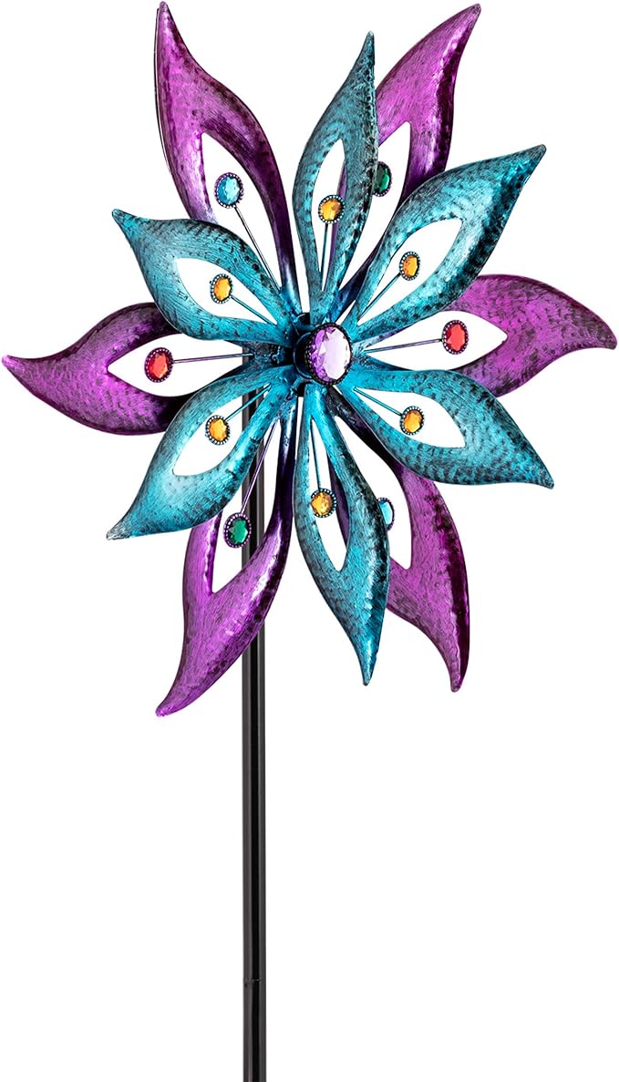 Alpine Corporation 64" Tall Outdoor Floral Windmill Stake with Gems Kinetic Spinner, Purple and Aqua
