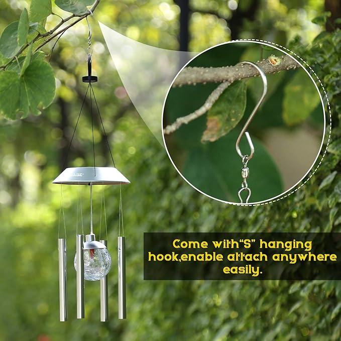 IMAGE Solar Wind Chime Outdoor Hanging Lights Crackle Glass Ball Wind Chimes Color Changing Lights with Metal Tube Hanging Garden Lights for Patio Yard Home Decor Gifts for Mom Women