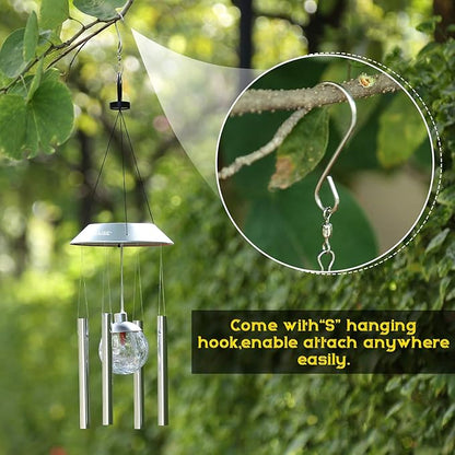 IMAGE Solar Wind Chime Outdoor Hanging Lights Crackle Glass Ball Wind Chimes Color Changing Lights with Metal Tube Hanging Garden Lights for Patio Yard Home Decor Gifts for Mom Women
