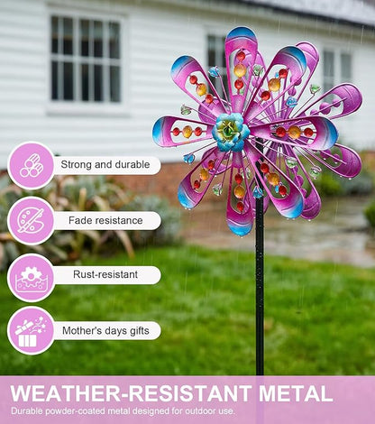 Wind Spinners Outdoor for Yard and Garden, W13xH63 Purple Kinetic Metal Art Wind Sculptures & Spinners, Outdoor Patio Lawn Garden Decor, Gardening Gifts for Women