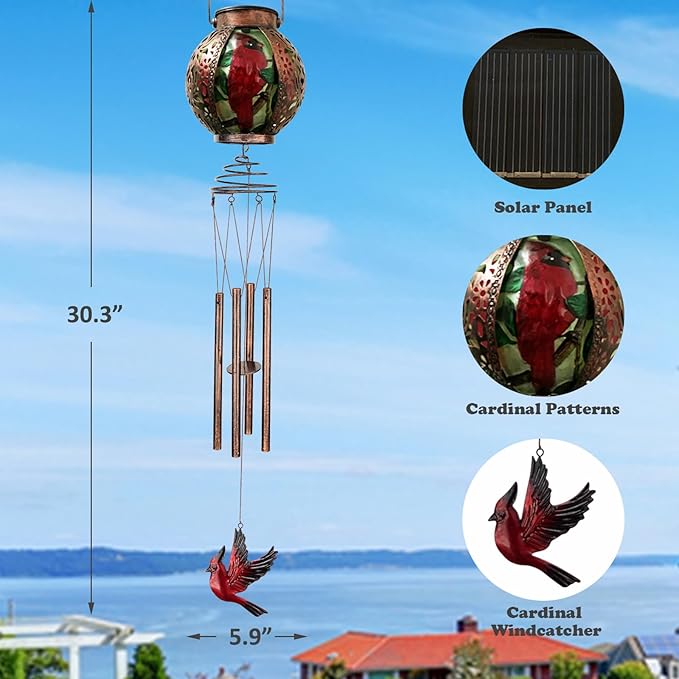 Solar Wind Chimes for Outdoor, Cardinal Garden Decorations Memorial Wind Chimes Deep Tone, Sympathy Windchimes with Detachable Solar Lanterns for Outside Garden Décor, Gifts for Mom, Grandma-Cardinal