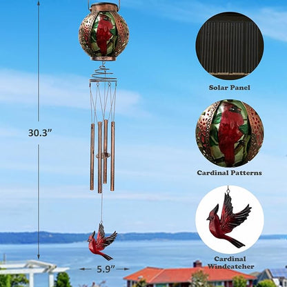 Solar Wind Chimes for Outdoor, Cardinal Garden Decorations Memorial Wind Chimes Deep Tone, Sympathy Windchimes with Detachable Solar Lanterns for Outside Garden Décor, Gifts for Mom, Grandma-Cardinal
