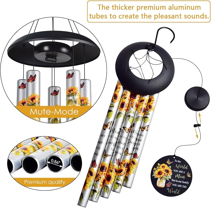 Sunflower Wind Chimes with Heartfelt Message Gift for Mom, Mother's Day Best Gifts for Mom Wind Chimes for Outside, Love Reminder Gifts for Mother Birthday Thanksgiving Christmas from Daughter Son