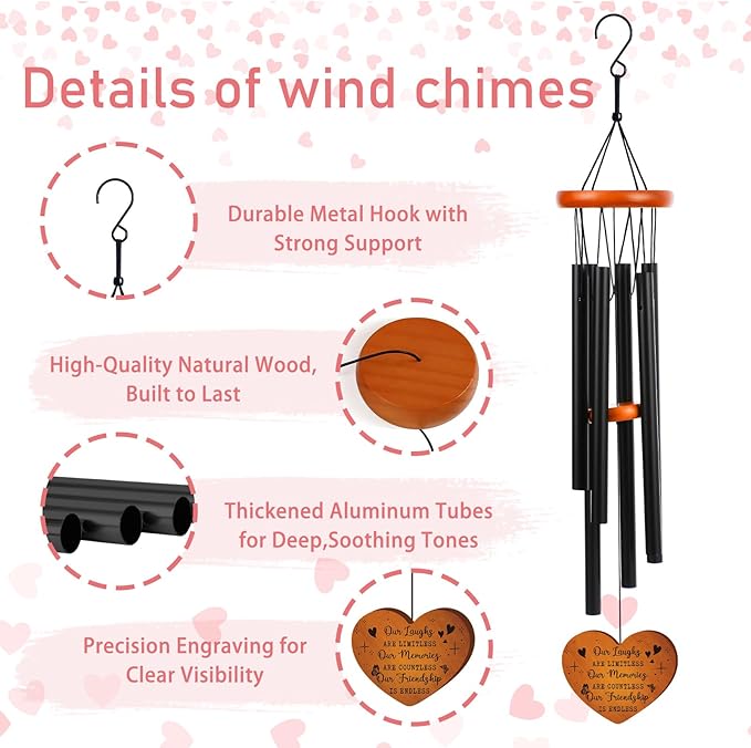 Friendship Gifts Wind Chimes for Outside – Bestie Gifts Engraved Wooden Heart with Gift Box & Card, Birthday Gift for Best Friend Women, Garden Patio Hanging Decor