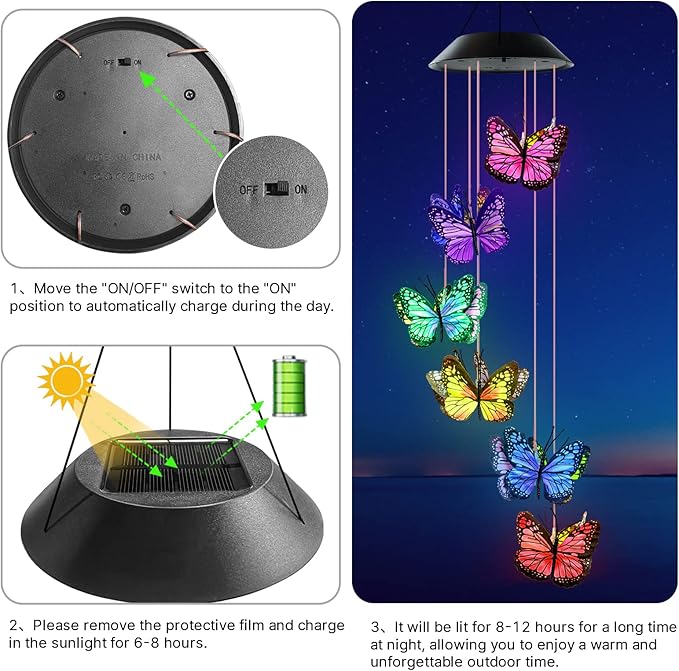 Wind Chimes for Outside, AVEKI Butterfly Solar Wind Chime Waterproof LED Color-Changing Wind Chimes Solar Powered Lights for Home Garden Christmas Decoration Gifts…