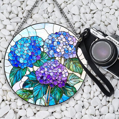 Handmade Hydrangea Flower Stained Glass Suncatcher - Vibrant Window Décor for Home/Garden,Gift-Ready Sun Catcher Art with Hook (Blue, 9.8 * 9.8IN)