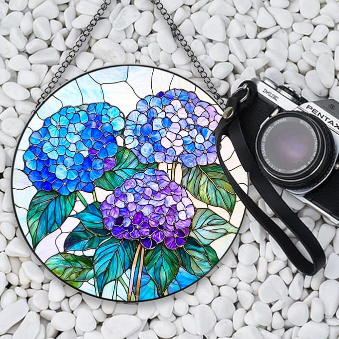 Handmade Hydrangea Flower Stained Glass Suncatcher - Vibrant Window Décor for Home/Garden,Gift-Ready Sun Catcher Art with Hook (Blue, 11.8 * 11.8IN)