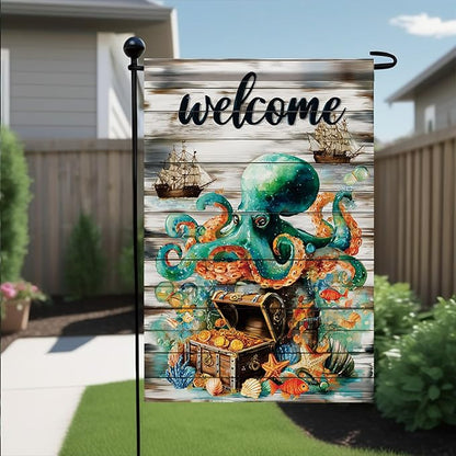 Spring Summer Garden Flag 12x18 Inch Nautical Octopus Treasure Chest Welcome Ocean Sea Pirate Ship Design Outdoor Yard Porch Lawn for Seasonal Coastal Home Decor