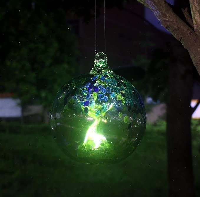 5.5-Inch Solar Powered Hanging Threaded Glass Gazing Ball Outdoor Garden Decoration (Green, Aqua & Blue)