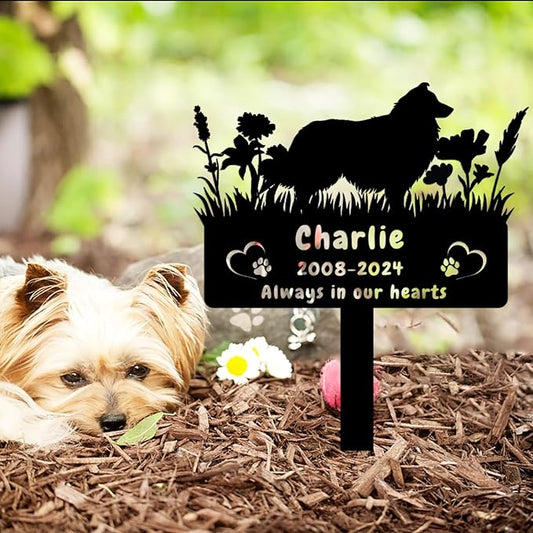 Custom Shetland Sheepdog Dog Memorial Grave Marker,Personalized Pet Dog Memorial Garden Stake,Flora Dog Memorial Plaque Burial Stake Engraved Sign,Dog Sympathy Grave Stake,Dog Statue Headstone
