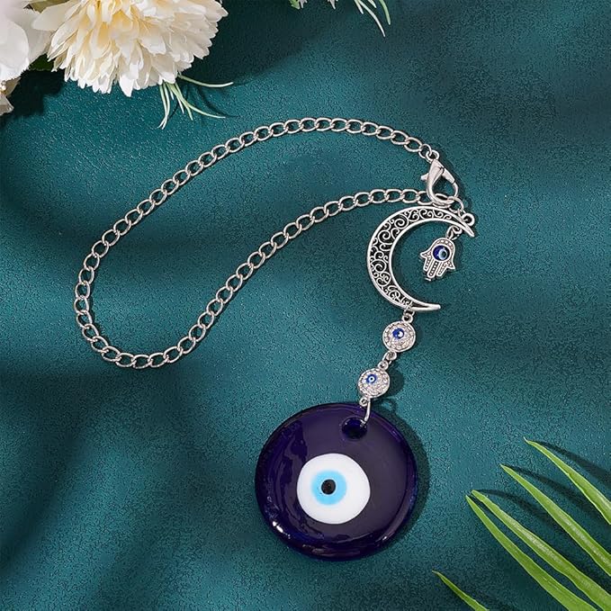Blue Evil Eye Car Hanging Pendant Ornament Evil Eye Beaded Charms with Moon Car Hanging Ornament Suncatcher Good Luck Gift for Easter Rear View Mirror Window Balcony Keychain Home Decor