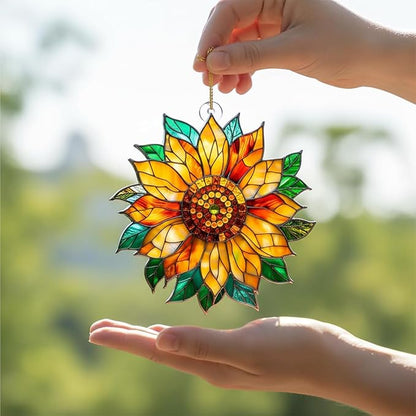 Stained Glass Window Hanging Suncatcher – Paint Golden Sunflower Acrylic Suncatcher Stained Glass Ornament Indoor Outdoor Decor Garden Sun Catcher Panel for Sunflower Lover for Women Mom Grandma