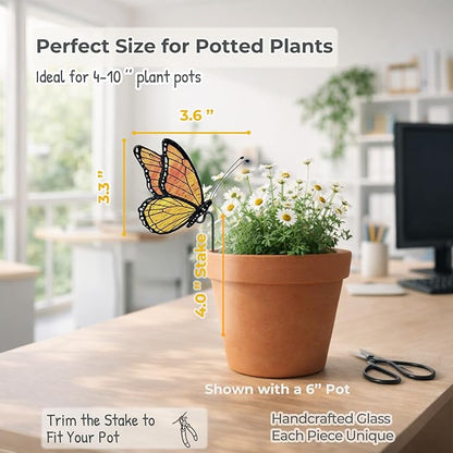 Monarch Butterfly Stained Glass Plant Pot Suncatcher - Handmade Real Glass Flower Pot Ornament for Planters - Indoor Outdoor Garden Décor - Gift for Women, Mom & Butterfly Lovers