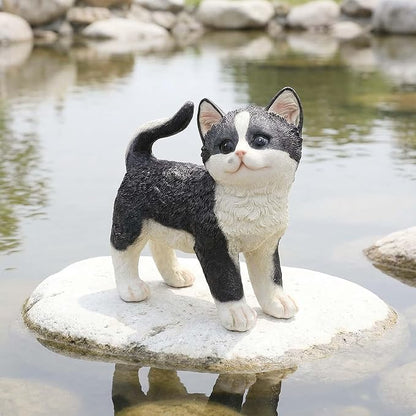 Real Black Tabby Garden Statue - Resin Realistic Cat Sculpture, Pet Loss Memorial Stone, for Cat Lovers, Indoor/Outdoor Decor, Animal Figurine for Yard Ornaments