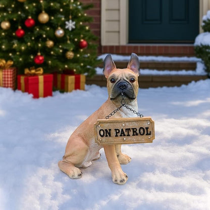 French Bulldog Statue with Solar Lantern & Double-Sided Welcome Sign, Lifelike Fawn Frenchie Dog Garden Decor Sculpture for Outdoor, Patio, Yard, Lawn Porch Ornament, Dog Lover Gifts (13.8" Tall)