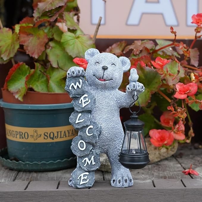Bear Figurine Light Solar Powered Led Light- Welcome Lawn Decor Bear Garden Statues for Patio, Balcony, Yard Ornament, Outdoor Figurine Light House Housewarming Gifts, 7.8x4.13inch