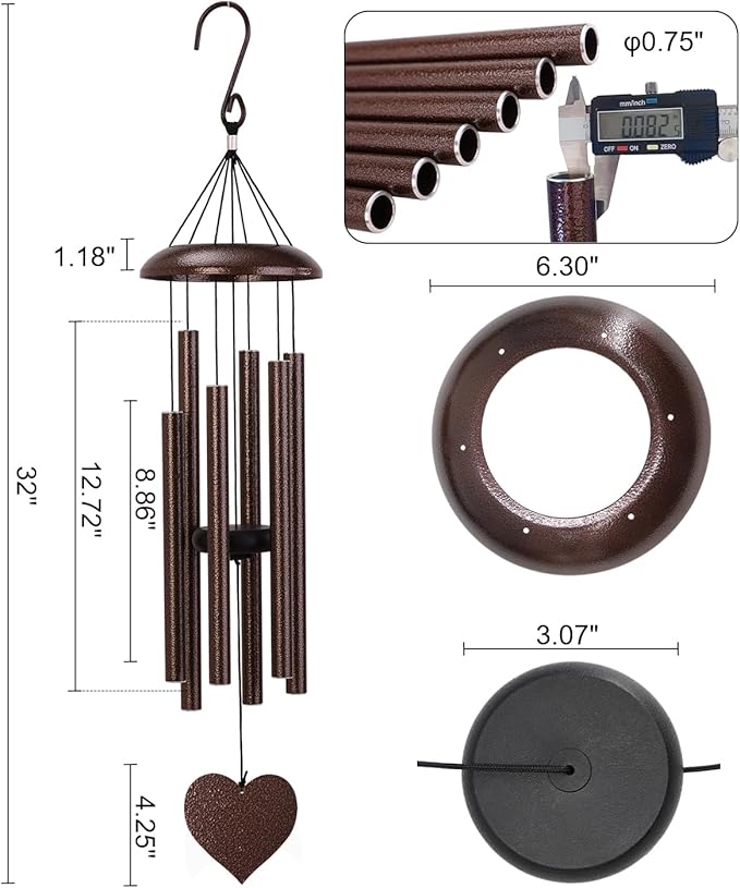 32" Memorial Wind Chimes Deep Tone Outdoor, C Major Tuned Aluminum Wind Chime with Gift Box & Envelope, Sympathy Wind Chime for Garden Decor Hanging, Heart Pendant, Bronze