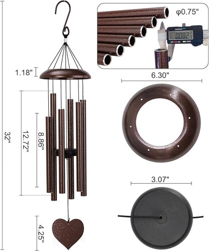 32" Memorial Wind Chimes Deep Tone Outdoor, C Major Tuned Aluminum Wind Chime with Gift Box & Envelope, Sympathy Wind Chime for Garden Decor Hanging, Heart Pendant, Bronze