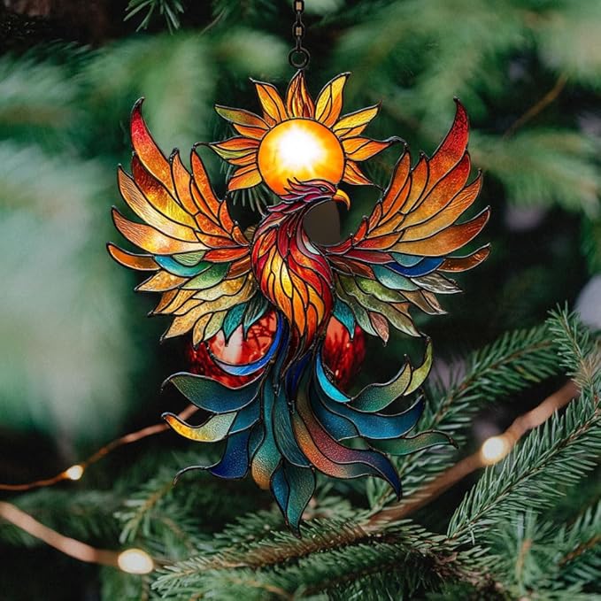Vivid Phoenix with Sun Mosaic Acrylic Suncatcher Stained Glass Effect Window Car Hanging Christmas Ornament Indoor Outdoor Decor Garden Sun Catcher Panel for Boho Lover for Women Mom Grandma