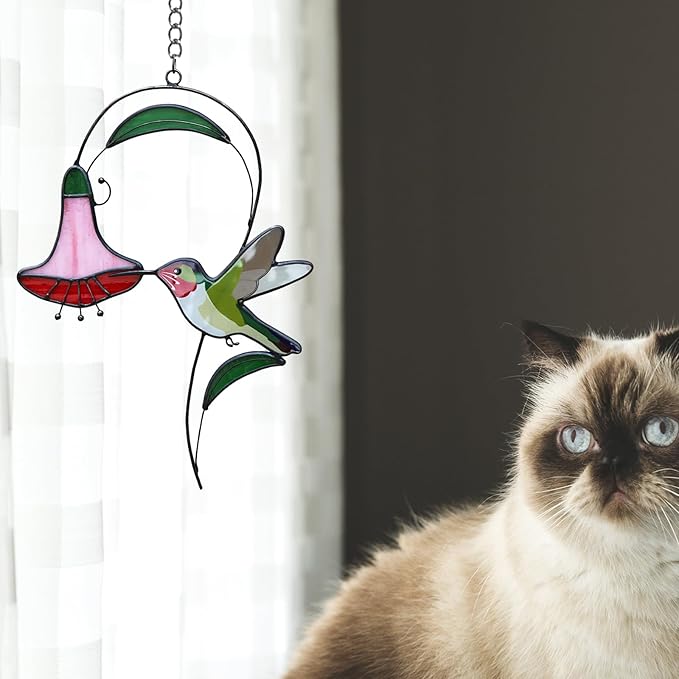 Handmade Stained Glass Window Hanging Hummingbird Decor, Sun Catchers Indoor Window Art, Suncatchers for Windows Hanging, Mother's Day Hummingbird Gifts for Women Mom Grandma Bird Lovers
