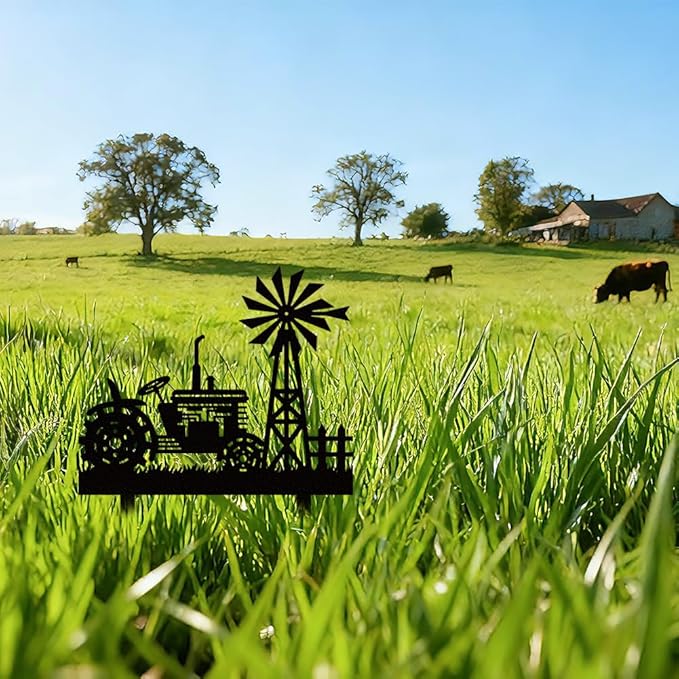 WADORN Farms Tractors Windmills Metal Decorative Stakes, Black Tractors Outdoor Statues Silhouette Funny Rustic Farm Gifts Farmhouse Ornaments for Farm Yard Art Garden Patio Backyard Lawn Decors