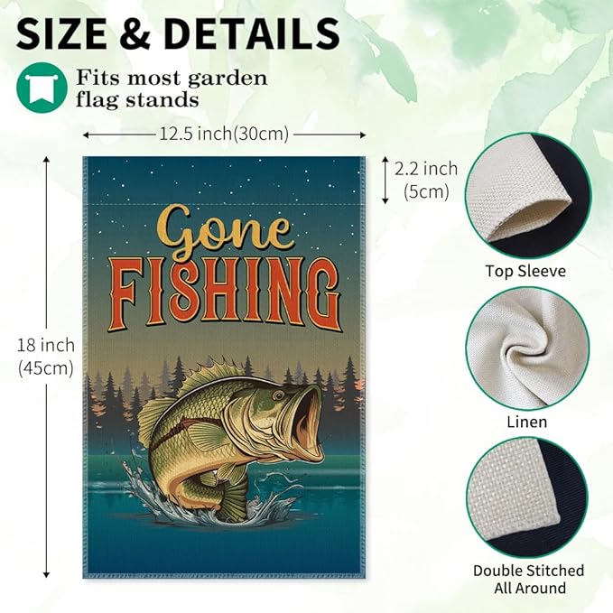 Gone Fishing Garden Flags, 12x18 in Double Sided Farmhouse Outdoor Lawn Decor Yard Flag Gifts, Lake House D閏or, Bass Fishing Banner for Fisherman, Angler Home Flag Gifts for Fisher