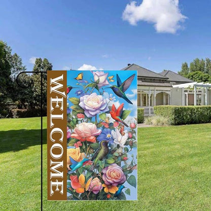 Gkyygk Welcome Garden Flag Roses Hummingbirds Butterflies Double Sided 12x18 Inch Banners Welcome Yard House Outside Outdoor Summer Decoration