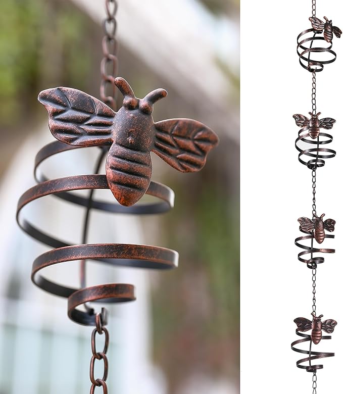 Iron Rain Chains with Bee Spiral, 8-1/2 Feet Length Replacement Downspout for Gutters Outsides, Dark Bronze