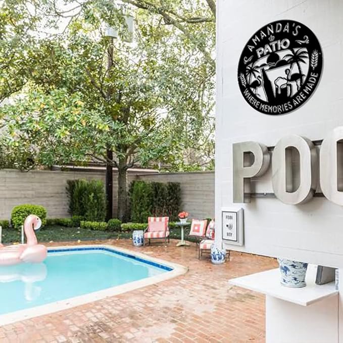 MeMate Patio Sign Outdoor Decor, Personalized Metal Sign for Backyard, Patio, Custom Name Signs for Garden Porch, Deck, Flamingo Beer Large Metal Sign for Outside, Housewarming Gifts