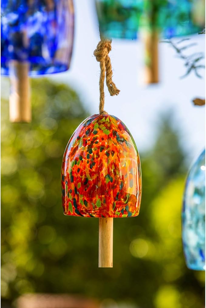 Evergreen Garden Colorful Art Glass Wind Chime | Orange Amber| Solid Wood Striker | Natural Deep Tone | 8 Inches Tall | Beautiful Gift for Patio, Garden, Outdoor Home Decor